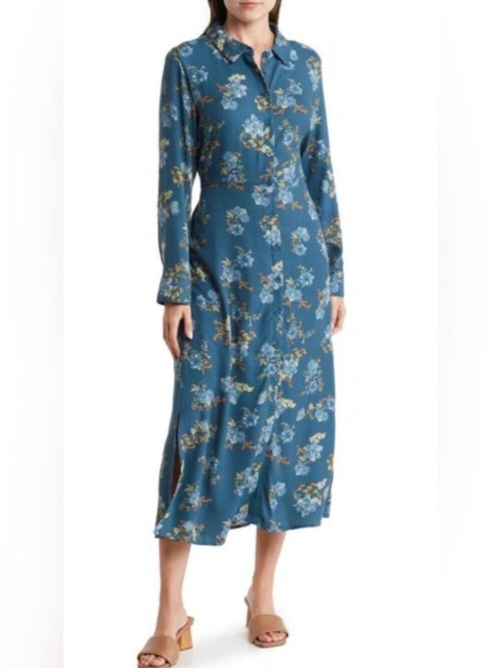 Lucky brand Teal Floral Button-Front Maxi Dress with Waist Tie